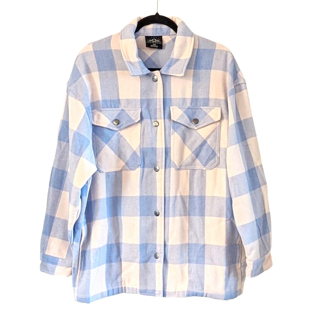 HFX Blue Cream Buffalo Plaid Shacket Jacket M Overshirt Button Front Cabin Cozy